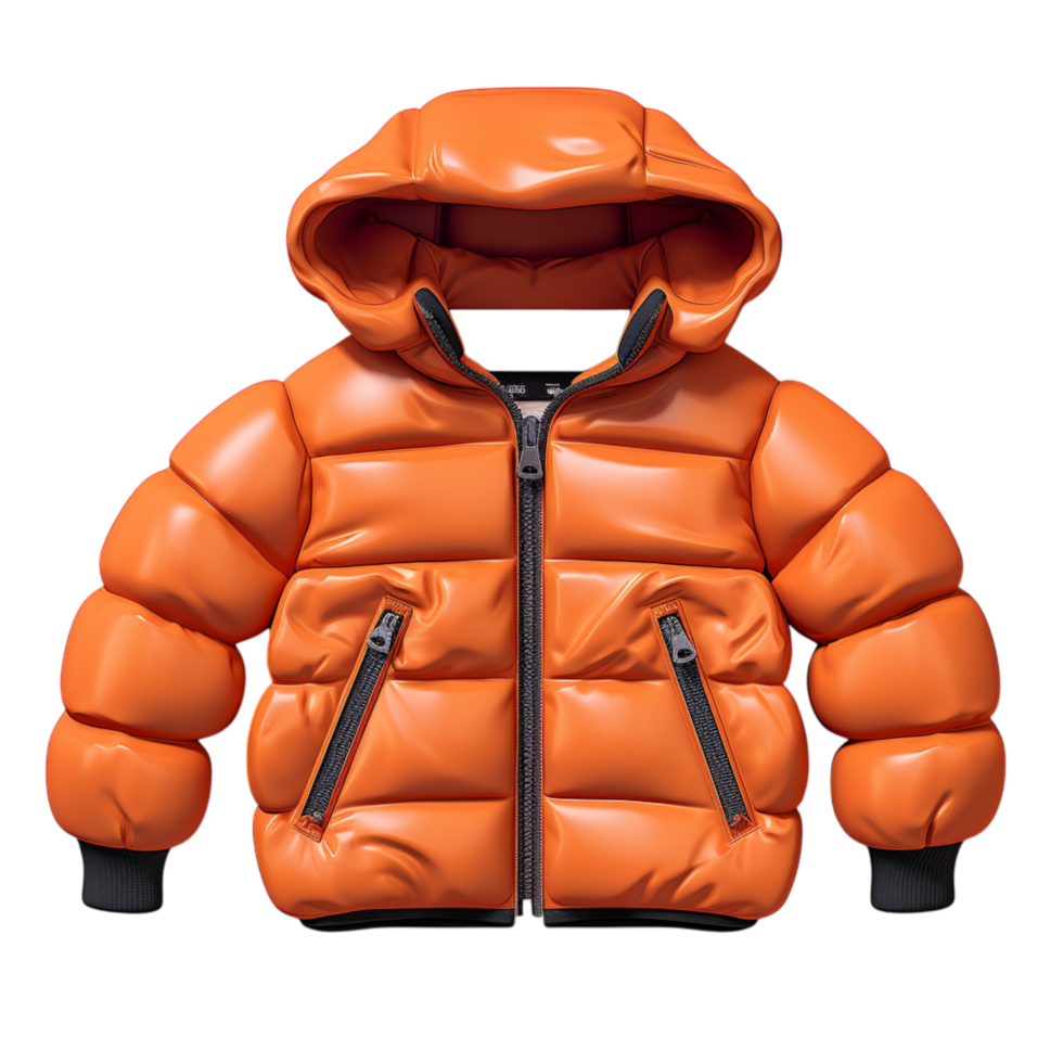 Cozy orange puffy jacket with a warm hood for chilly weather png