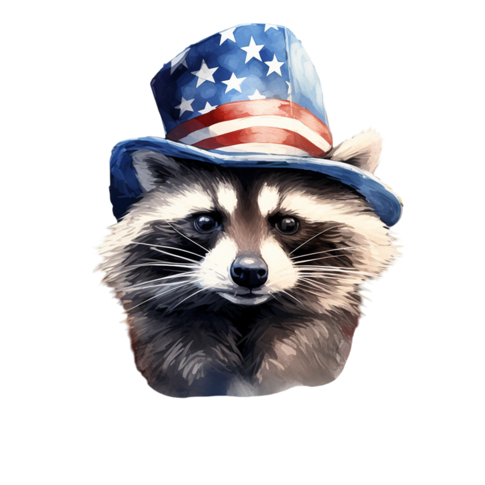 Adorable raccoon sporting a patriotic hat with stars and stripes png