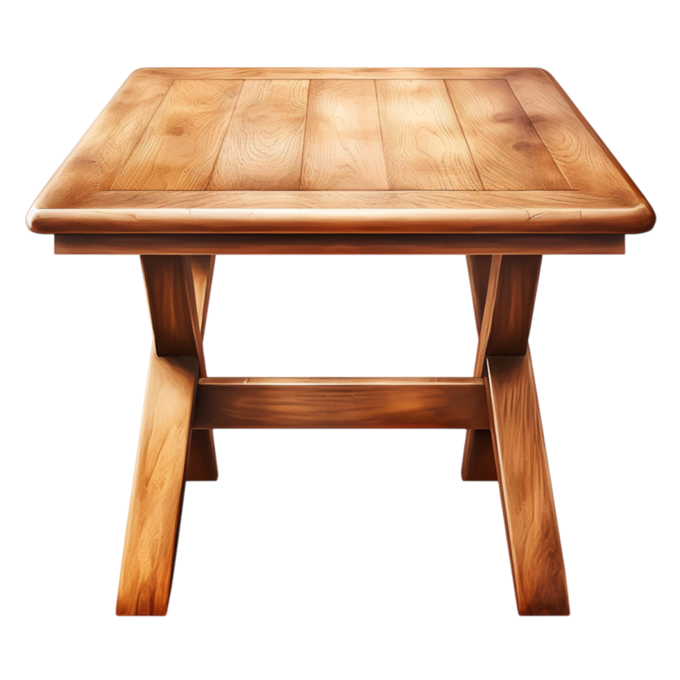 Sturdy wooden table with crossed legs and a smooth polished wooden surface png