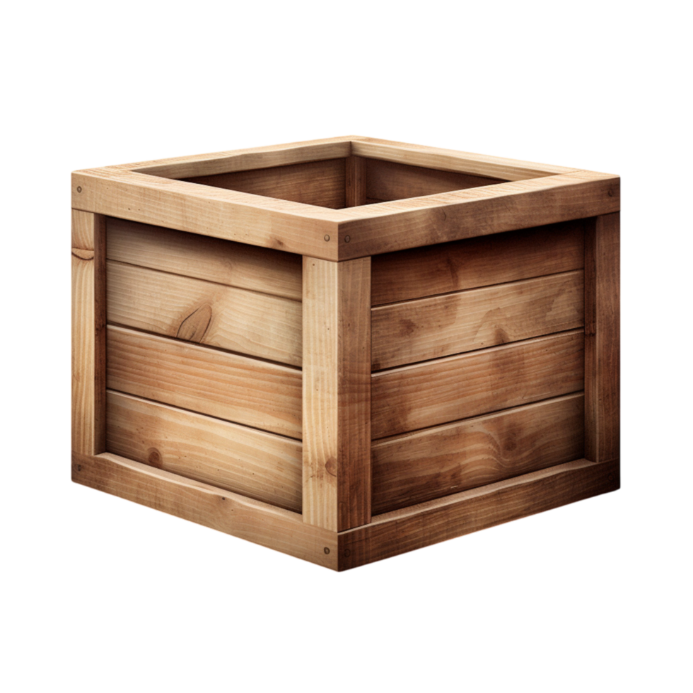 Sturdy wooden crate featuring metal reinforcements on the edges and corners png