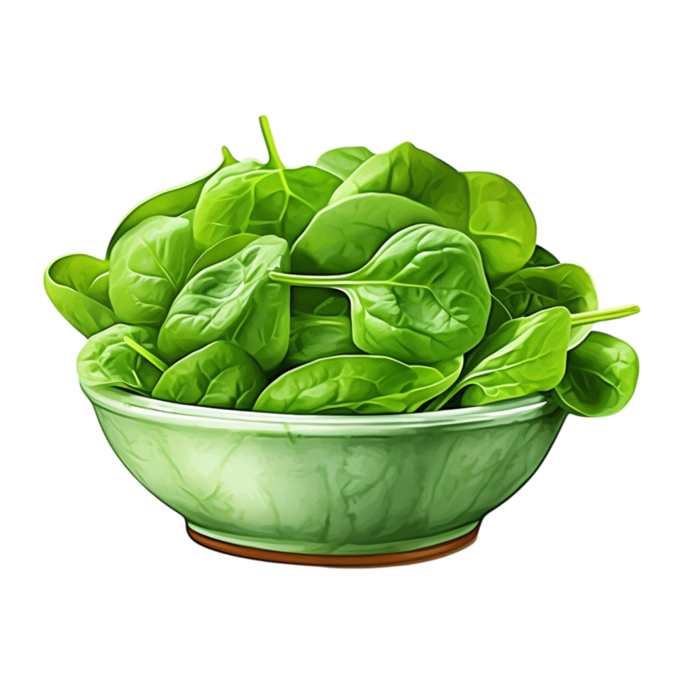 Green spinach leaves piled in a round ceramic bowl with a curved rim png