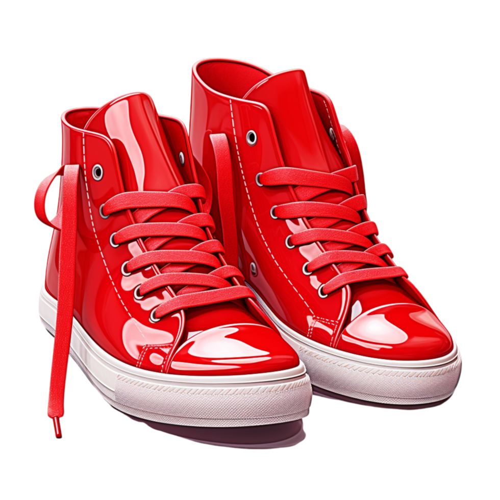 Trendy red high-top sneakers with white laces and sturdy rubber soles png
