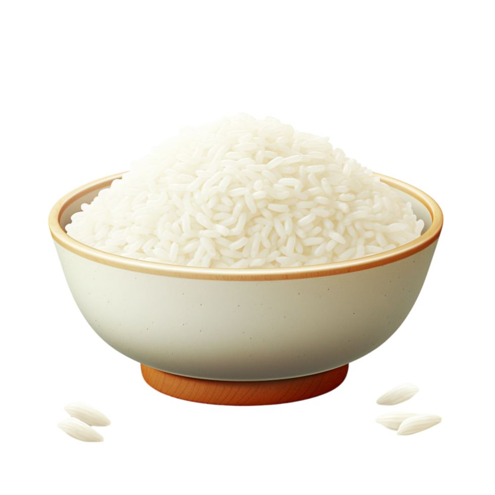 White rice neatly piled in a ceramic bowl with a blue rim and curved shape png