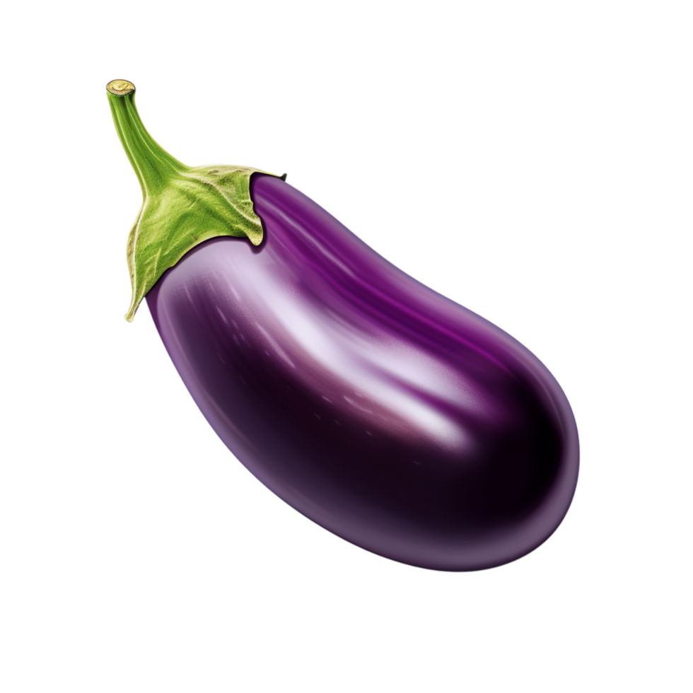 Glossy purple eggplant with a fresh green stem placed on a plain surface png