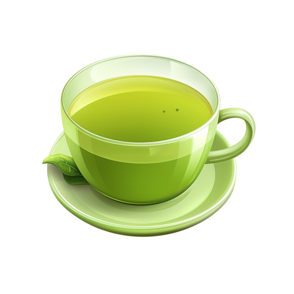 Steaming cup of green tea in a glass teacup with a fresh leaf beside it png