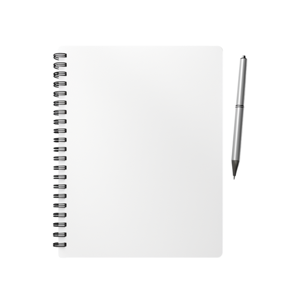 Blank spiral notebook with a silver pen resting on top, ready for notes png