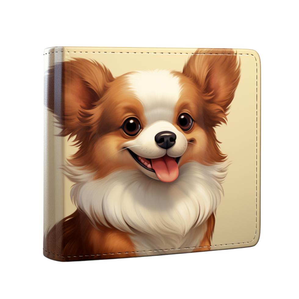 Brown leather wallet featuring a happy cartoon dog with floppy ears png