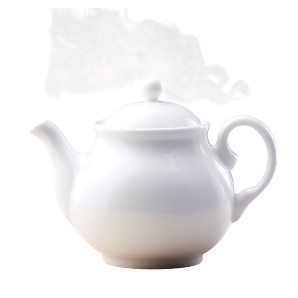 White ceramic teapot with a curved spout and round lid releasing steam png