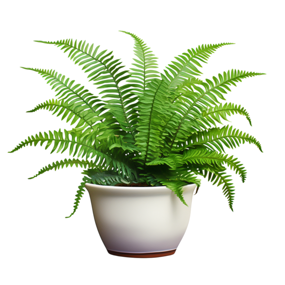 Lush green fern plant with delicate leaves placed in a brown clay pot png