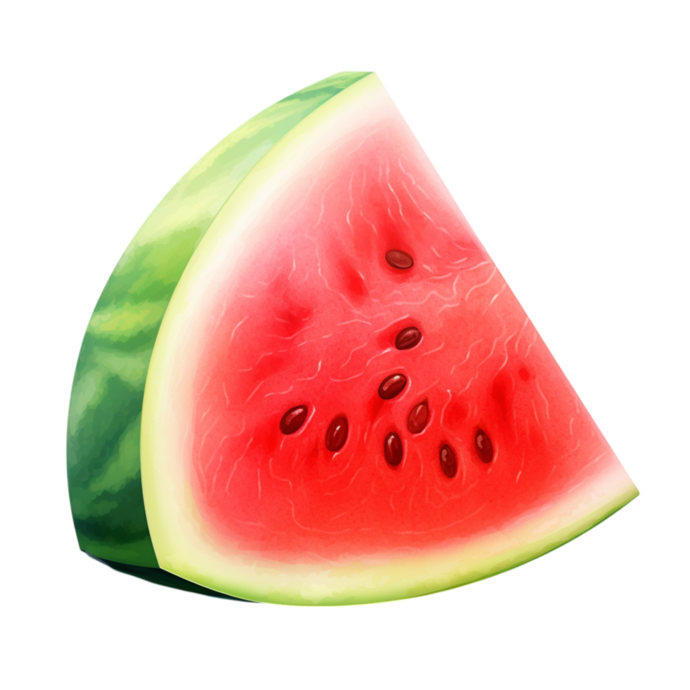 Large triangular slice of watermelon with black seeds and a thick green rindes png