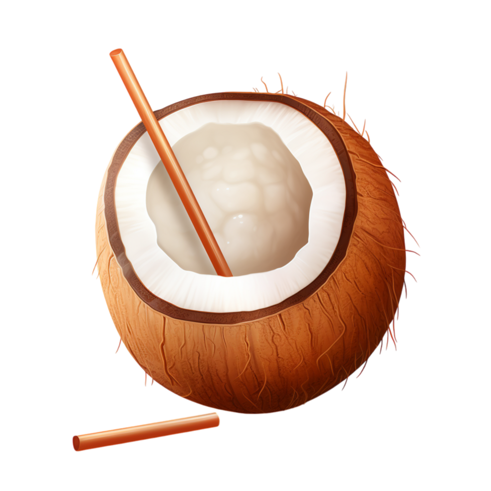 Ripe brown coconut split open revealing fresh white flesh inside png