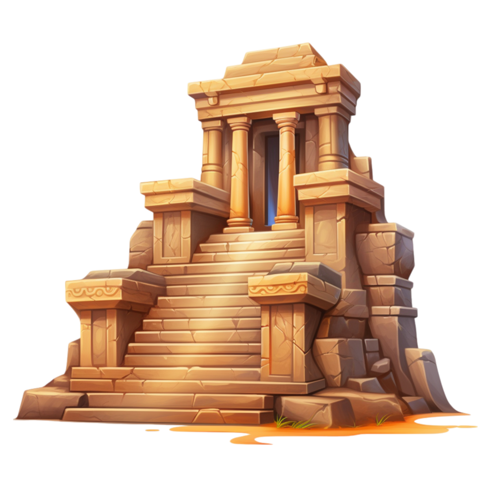 Ancient stone temple surrounded by green trees and rocky steps with tall columns png