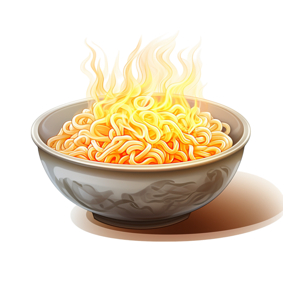 Bowl of steaming noodles with red chopsticks nearby png