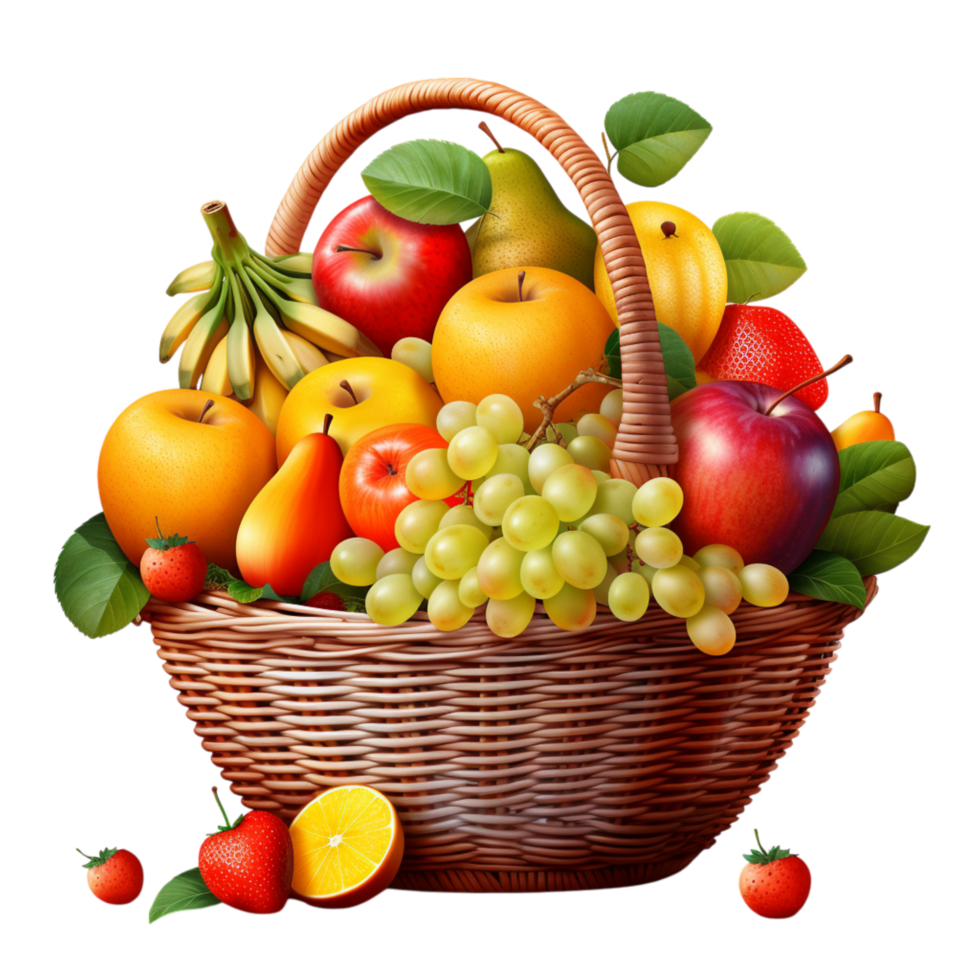 Wicker basket filled with a delightful mix of fresh ripe fruits png
