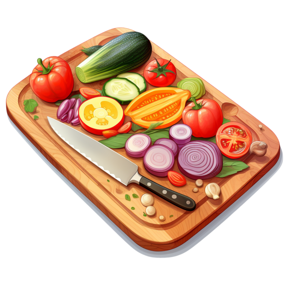 Freshly sliced vegetables neatly displayed on a wooden cutting board png