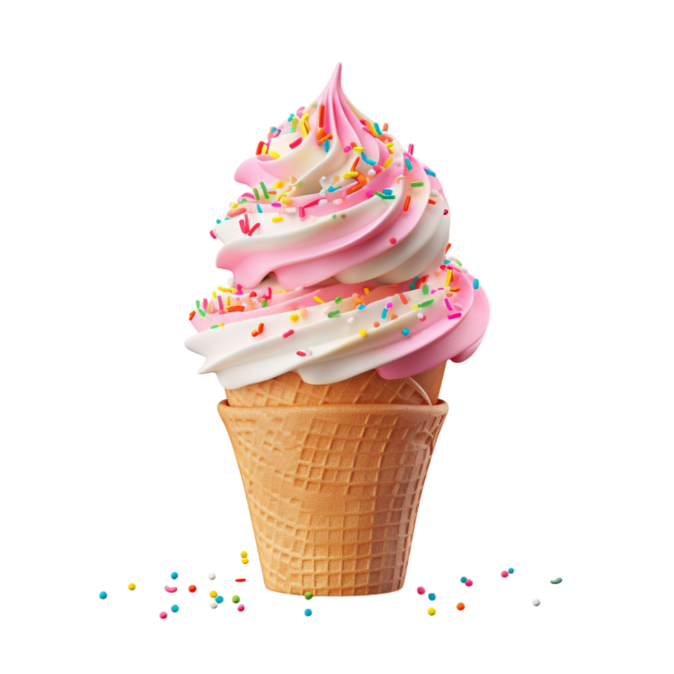 Crunchy waffle cone filled with creamy vanilla ice cream and sweet sprinkles png