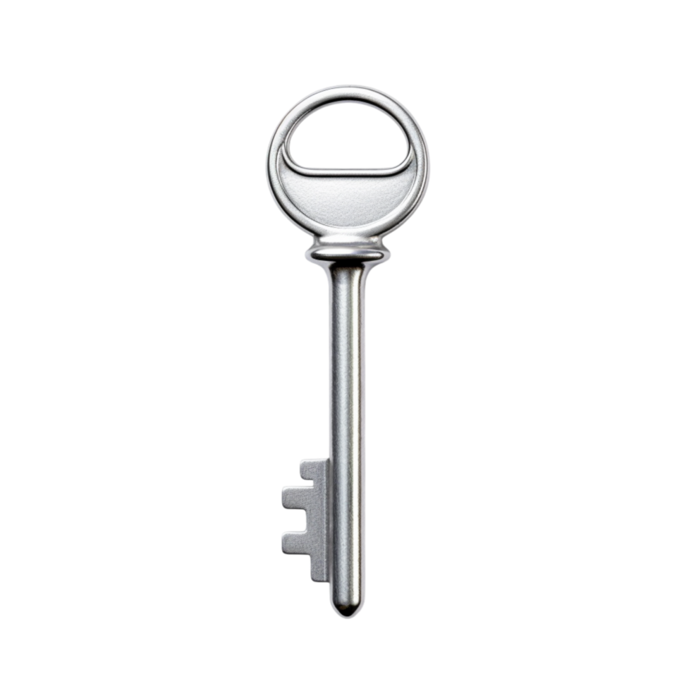 Antique silver key with a round handle and elegant engravings png