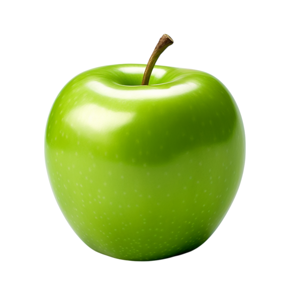Fresh green apple with a shiny surface and a small leaf on top png