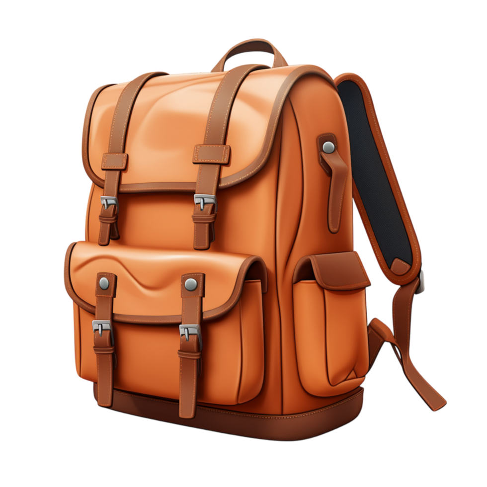 Stylish orange and blue backpack featuring multiple compartments and straps png