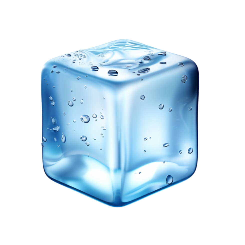 Melting ice cube with glistening water droplets and tiny air bubbles inside png