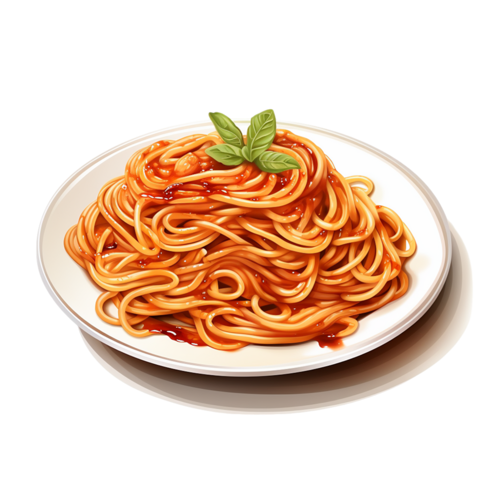 Plate of spaghetti with tangy tomato sauce garnished with fresh basil png