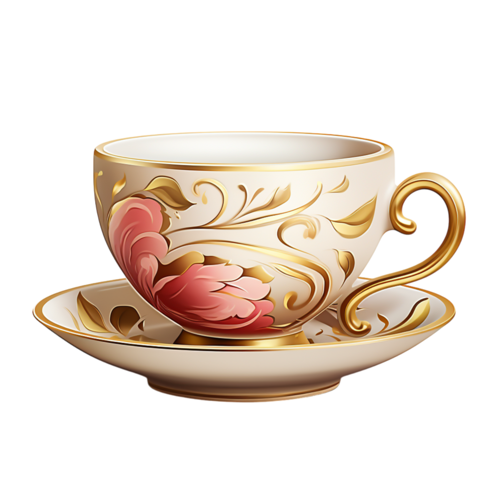 Elegant white teacup with a gold rim and curved handle png