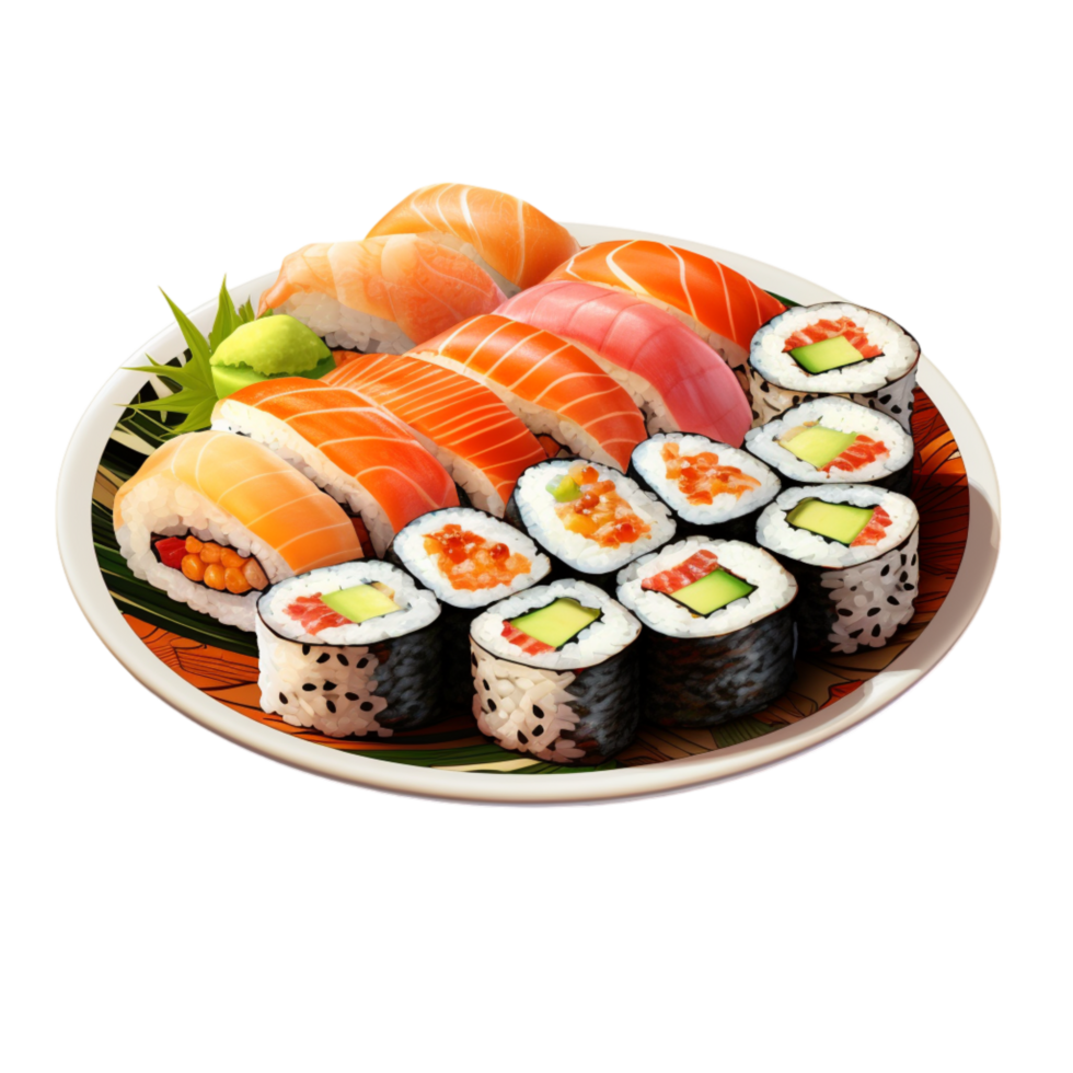 Delicious sushi platter featuring fresh salmon rolls and nigiri on a white plate png