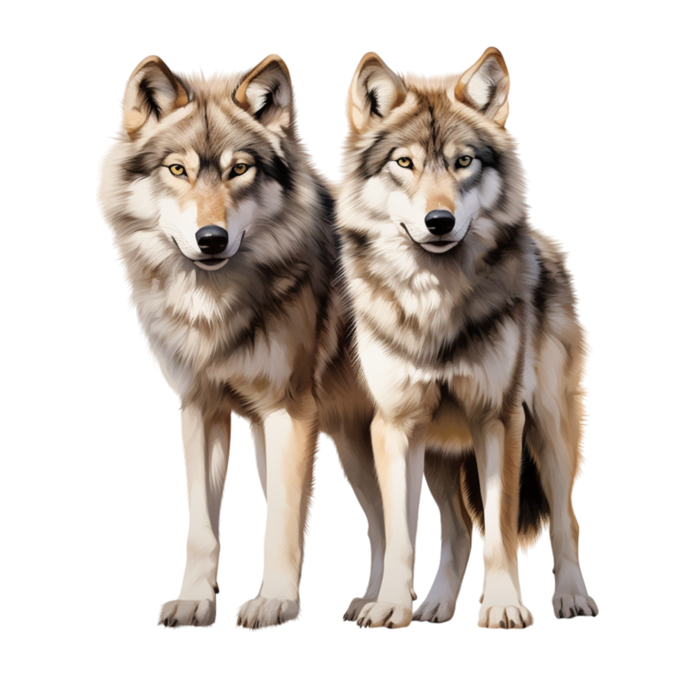 Two majestic wolves resting together with a protective vibe png