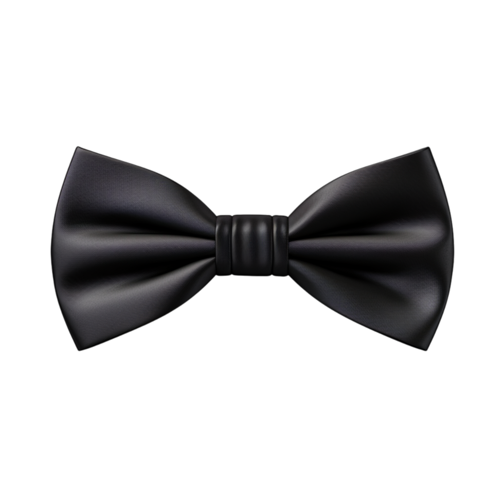 Classic black bow tie with a sleek satin finish, neatly arranged png