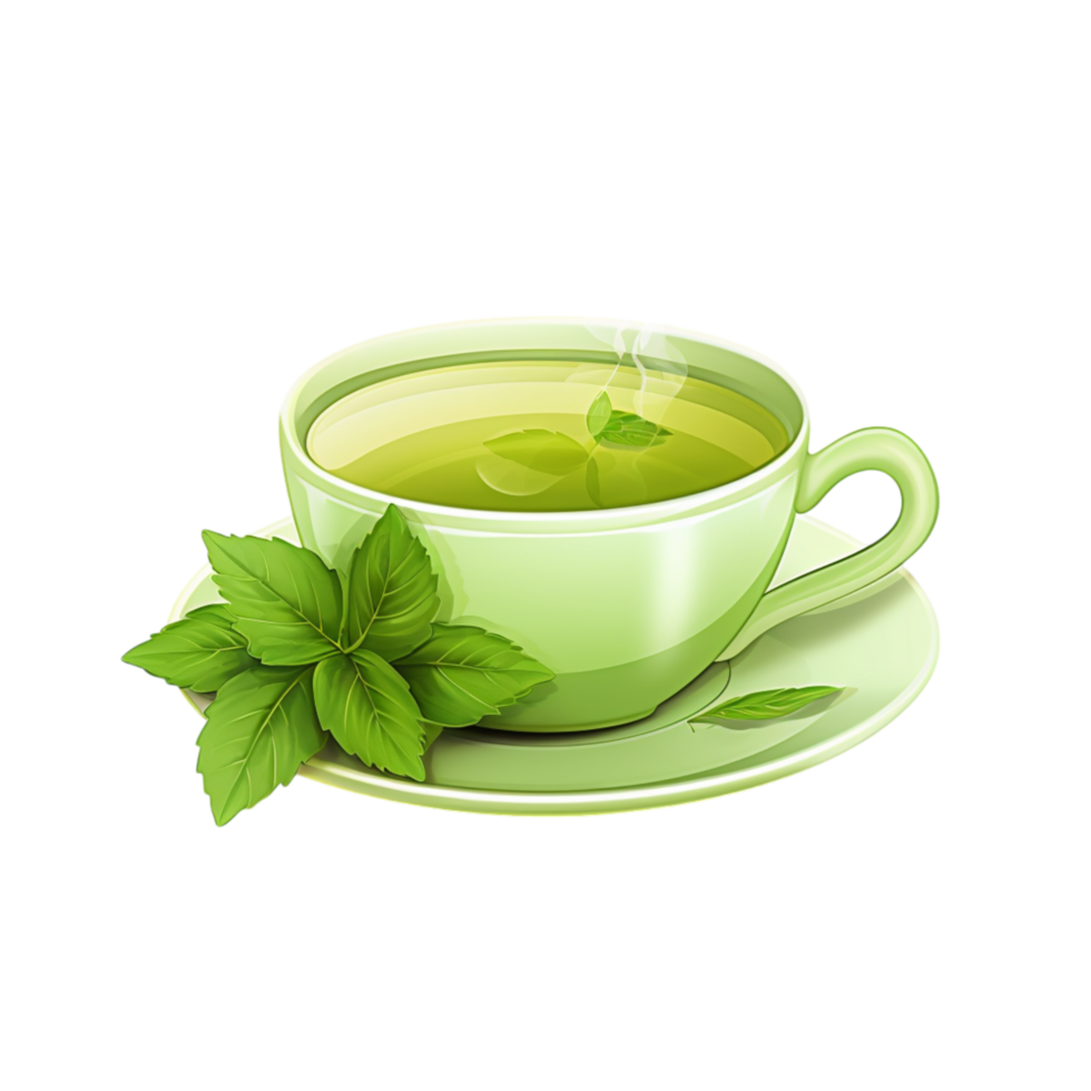Steaming cup of green tea with fresh mint leaves on the side png