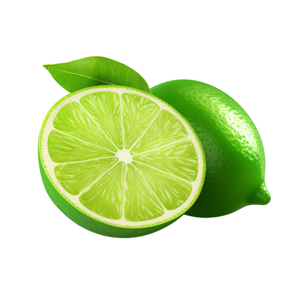 Bright green limes, one sliced open revealing its juicy interior png