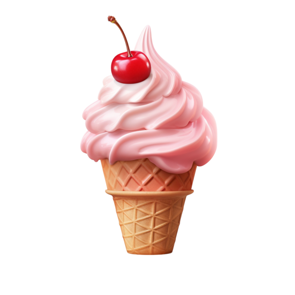 Ice cream cone crowned with whipped cream and a cherry png