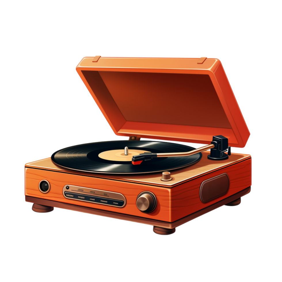Wooden record player spinning a classic vinyl disc png