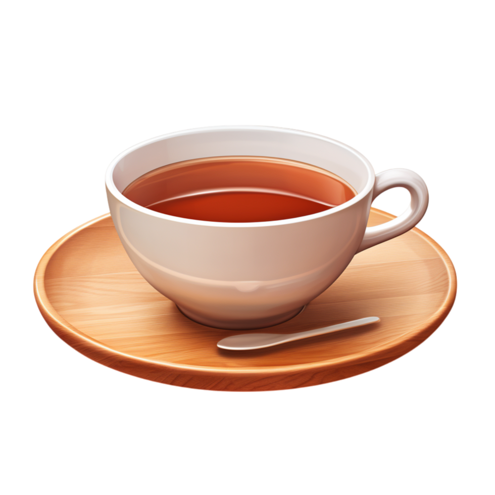 Cup of hot tea resting on a wooden tray png