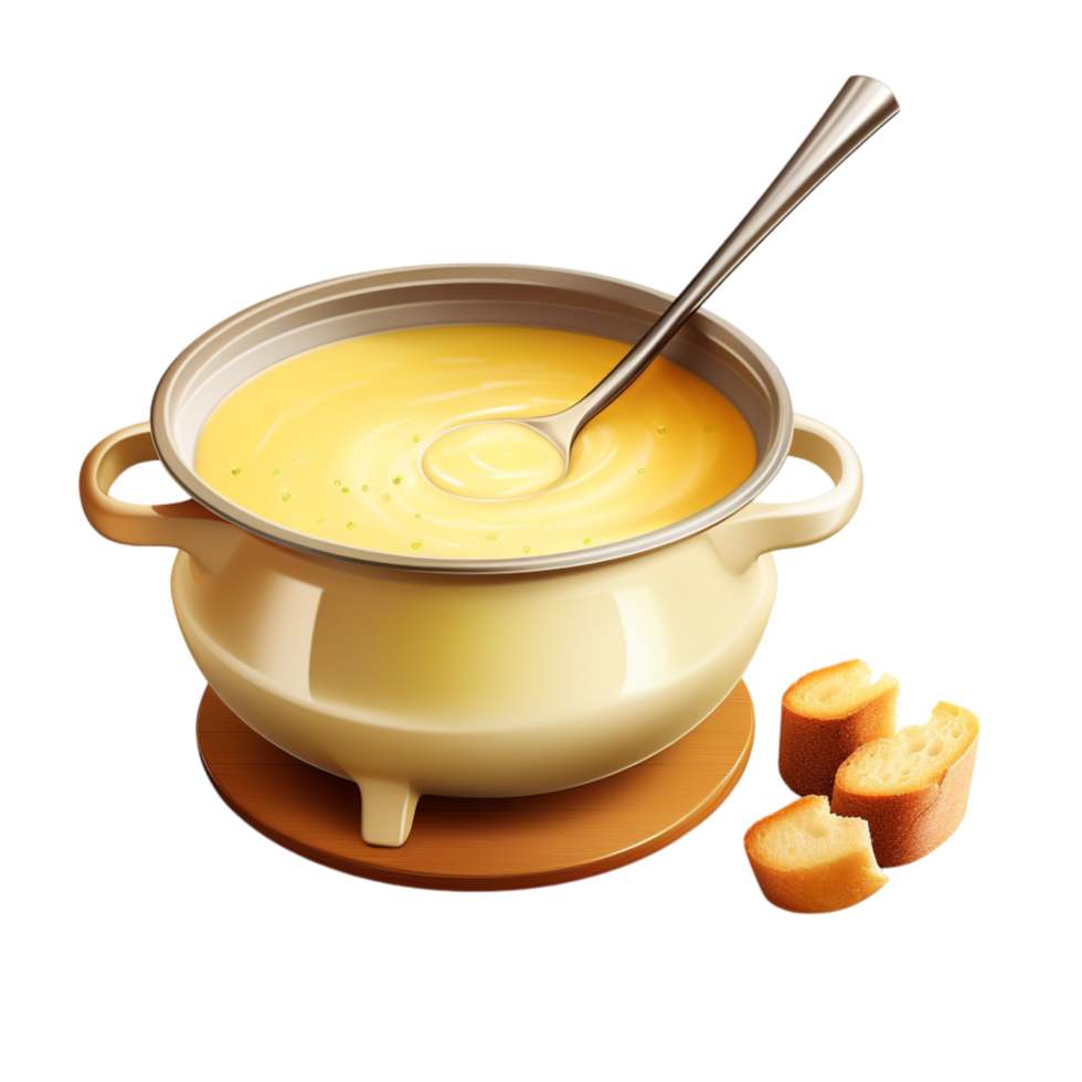 Creamy melted cheese served hot in a pot with a wooden spoon png