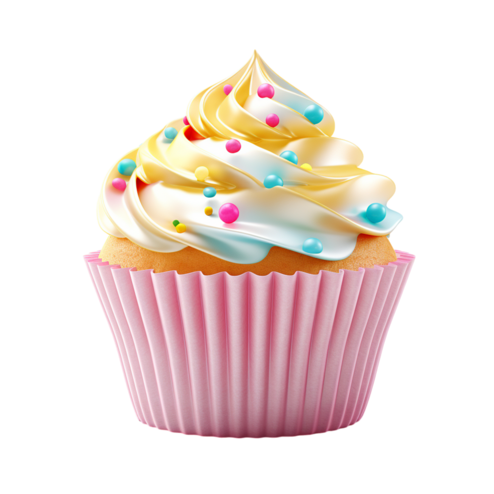 Yummy cupcake with soft pink frosting and colorful bright sprinkles png