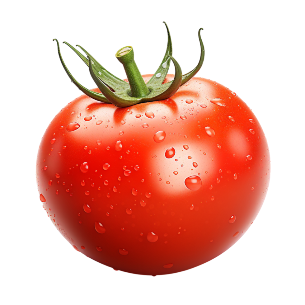 Shiny red tomato with fresh water droplets and a green vine png