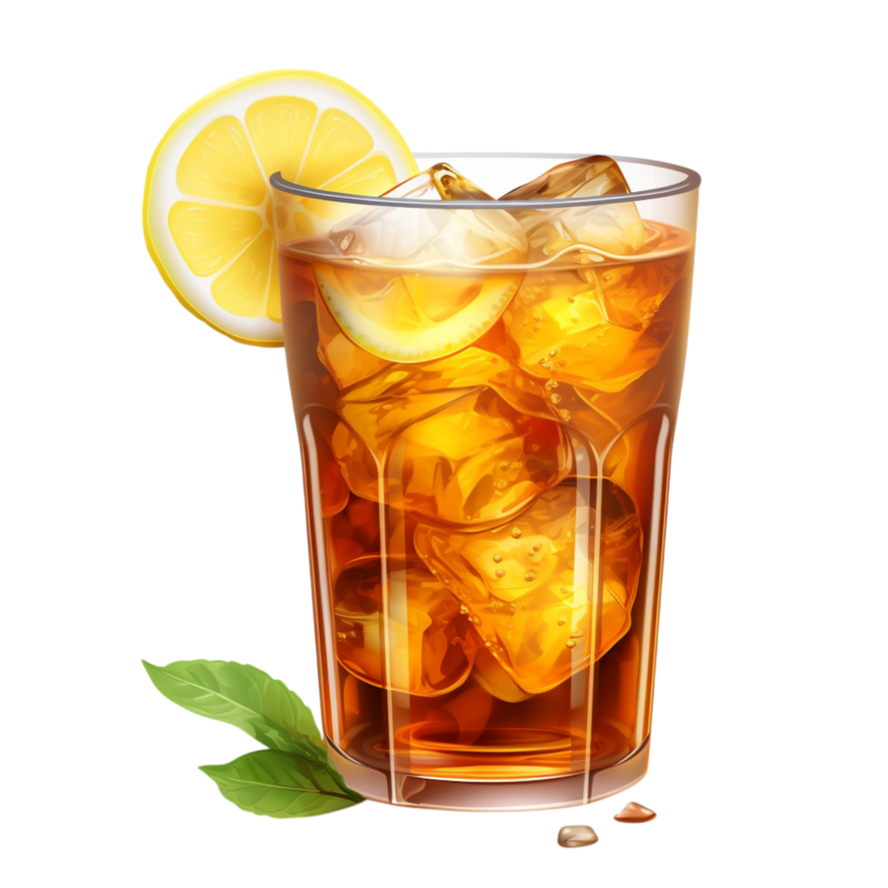 Glass of iced tea served with floating lemon slices png