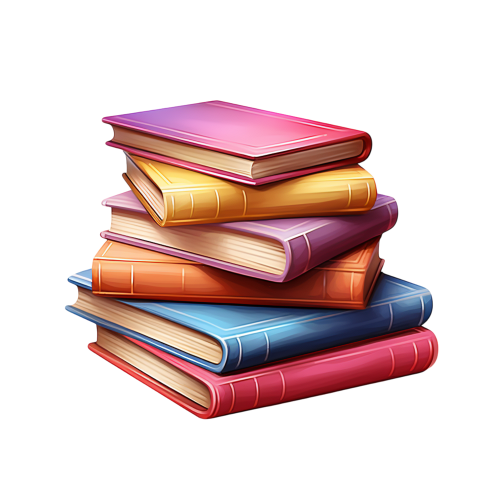 Colorful hardcover books stacked neatly with a ribbon png