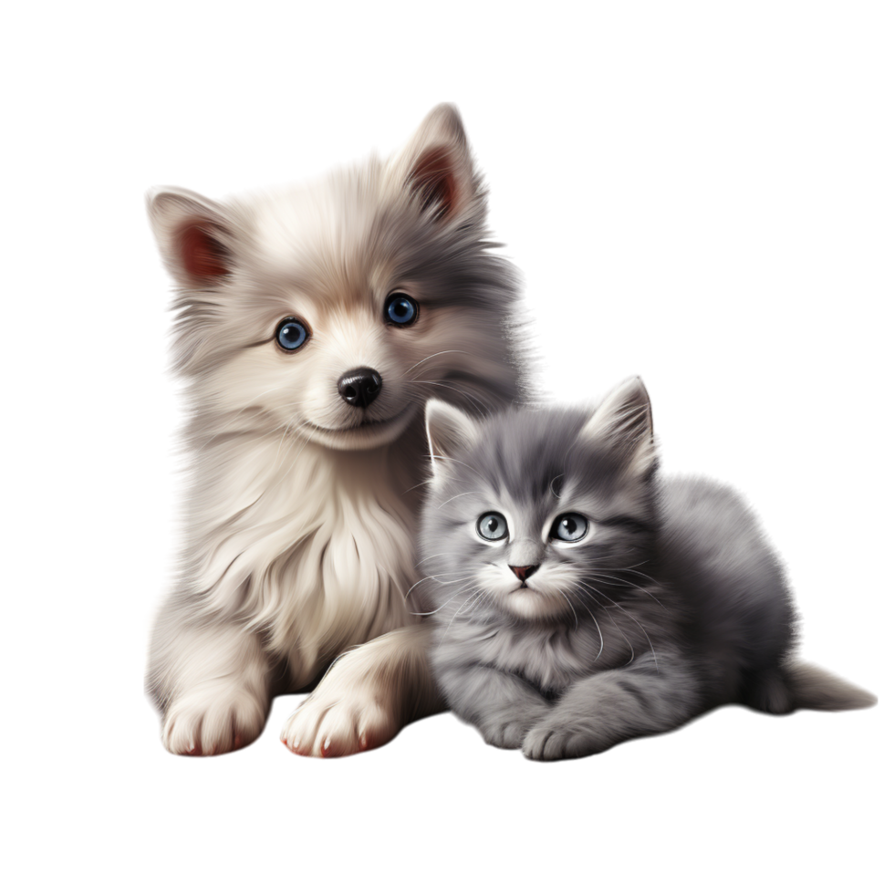 Fluffy white dog resting peacefully beside a small grey kitten png
