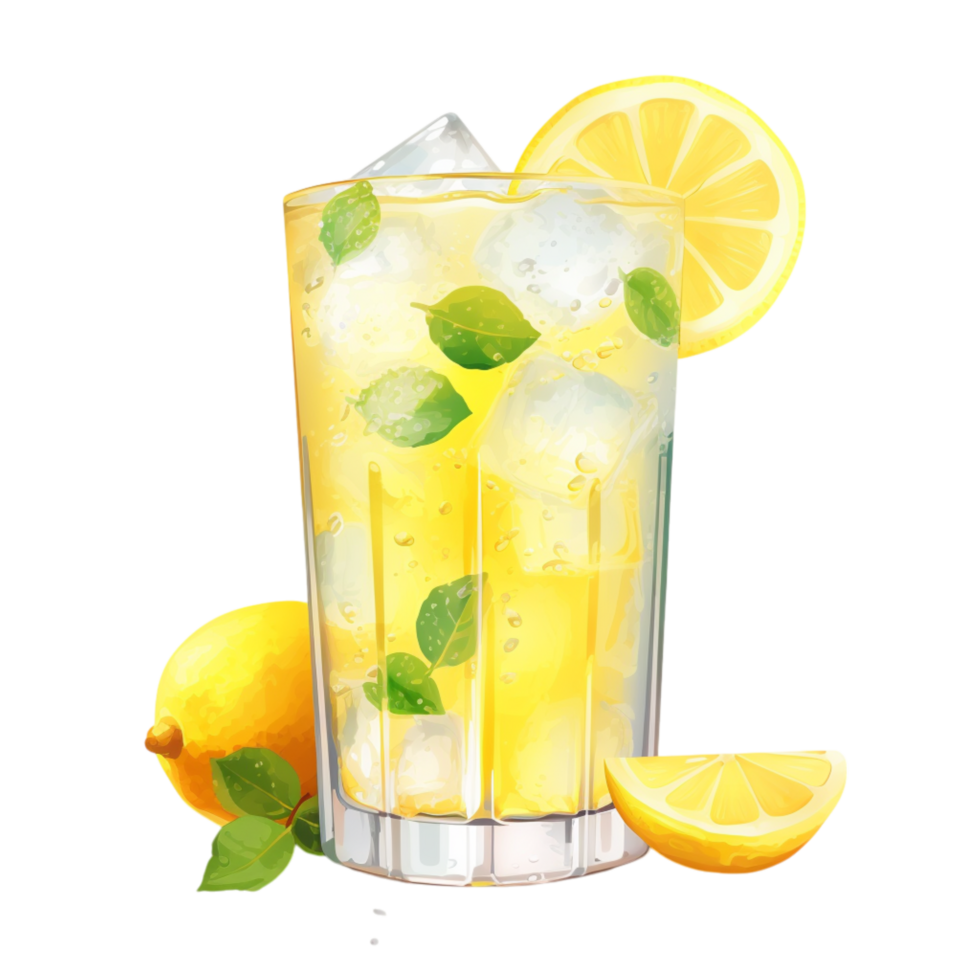 Refreshing lemonade filled with ice and lemon slices png