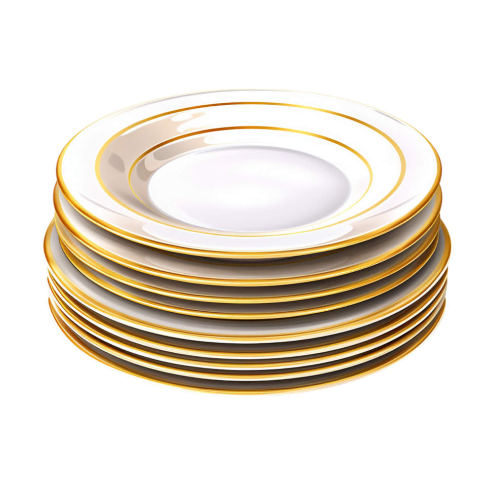 Neatly stacked ceramic plates with a gold and blue rim png