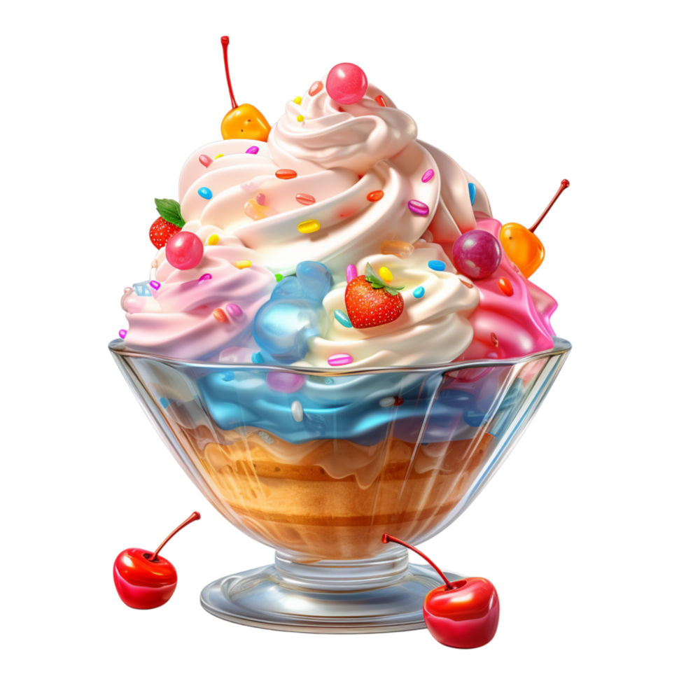 Tasty ice cream sundae garnished with fruits and colorful sprinkles png