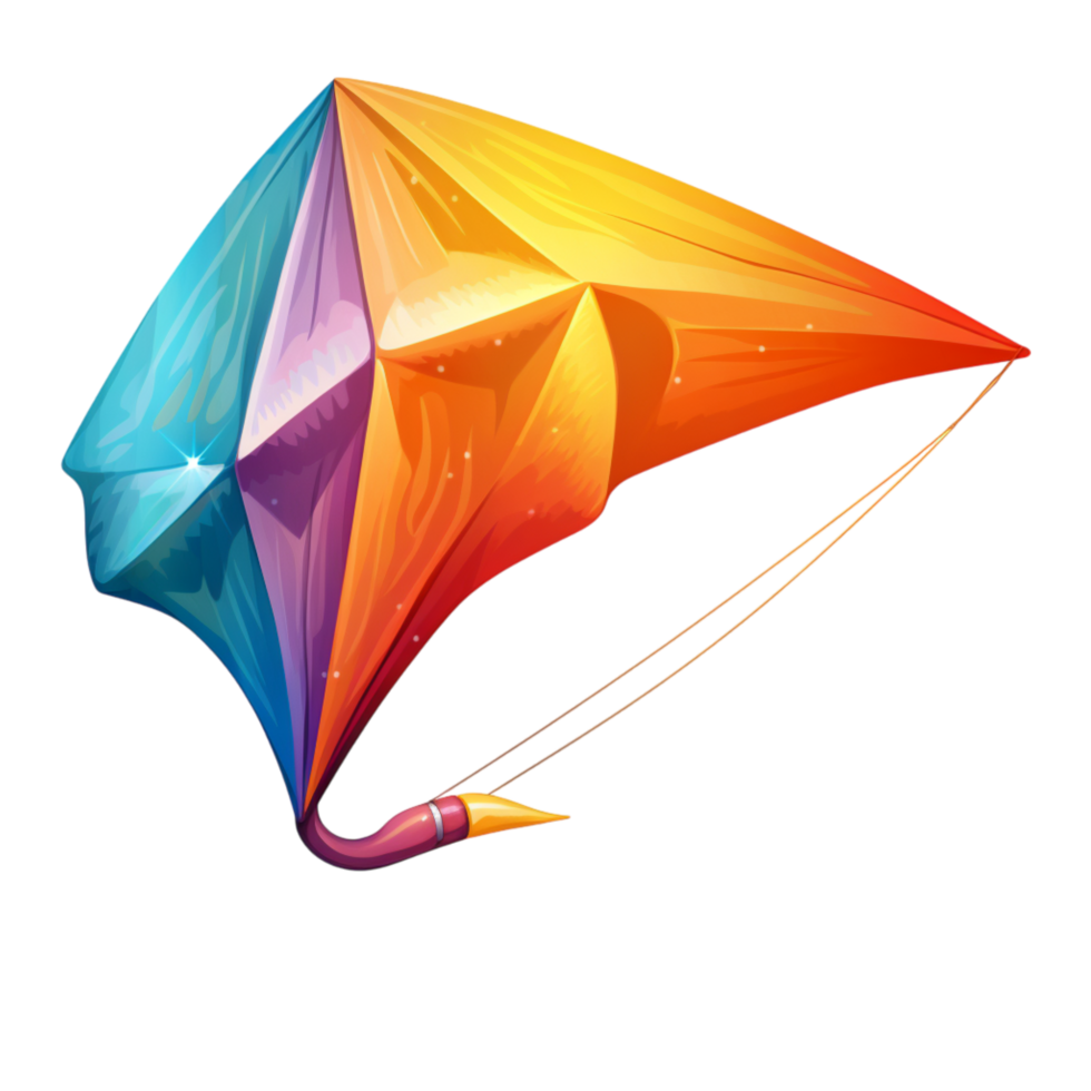 Vibrant kite designed with rainbow patterns and flowing tail png