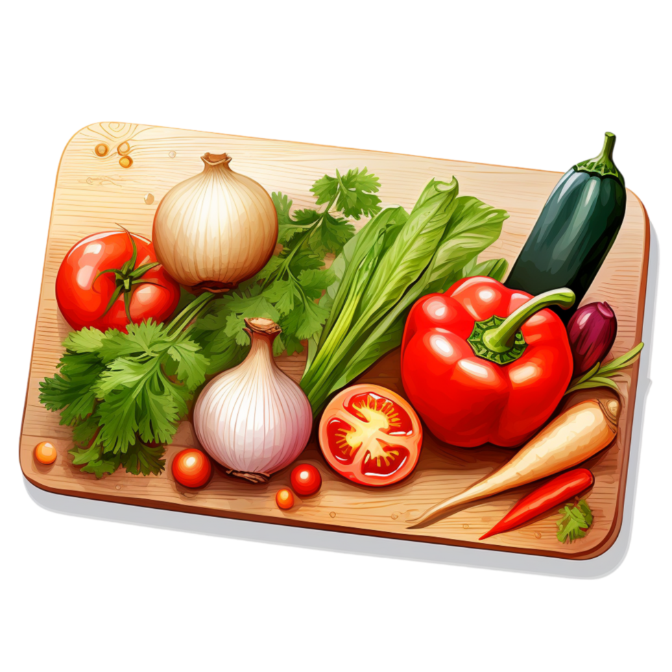 Wooden cutting board with vegetables and fragrant herbs png