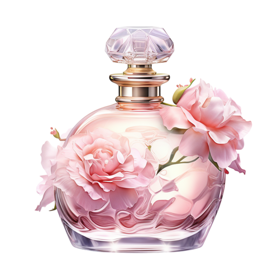 Elegant glass perfume bottle decorated with floral designs png
