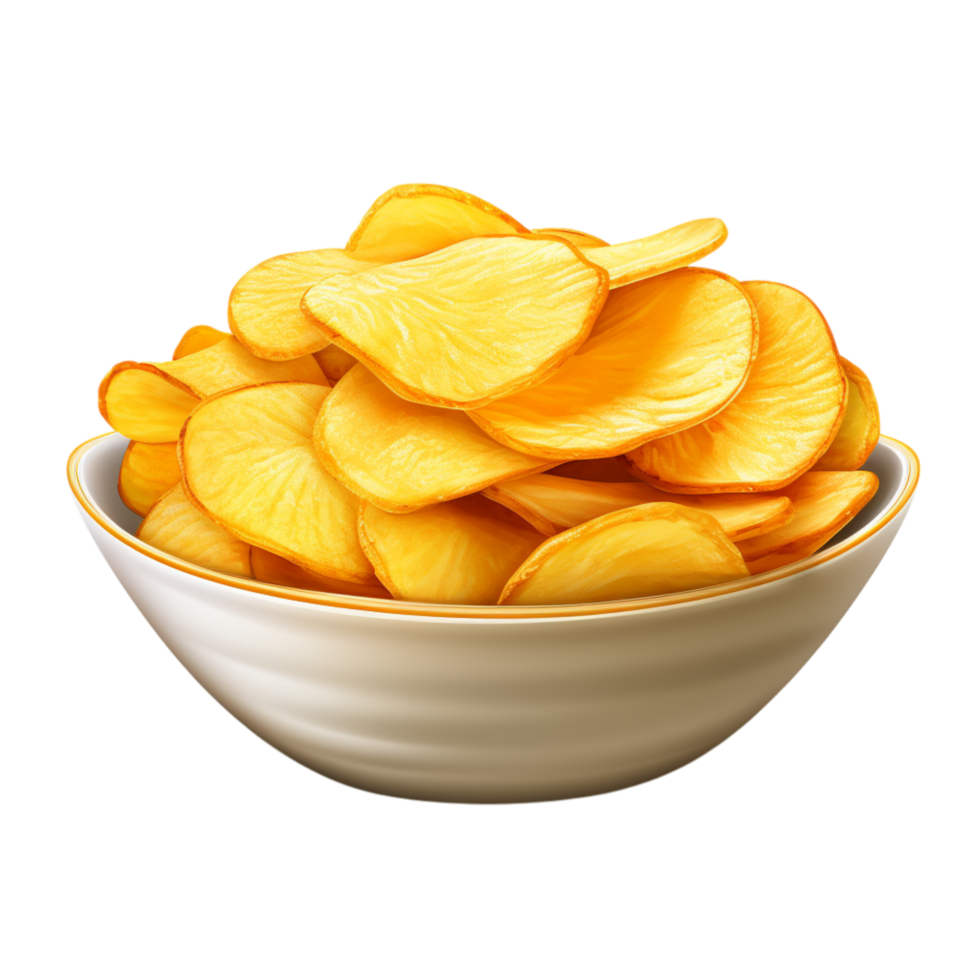 Crispy golden potato chips served in a ceramic bowl png