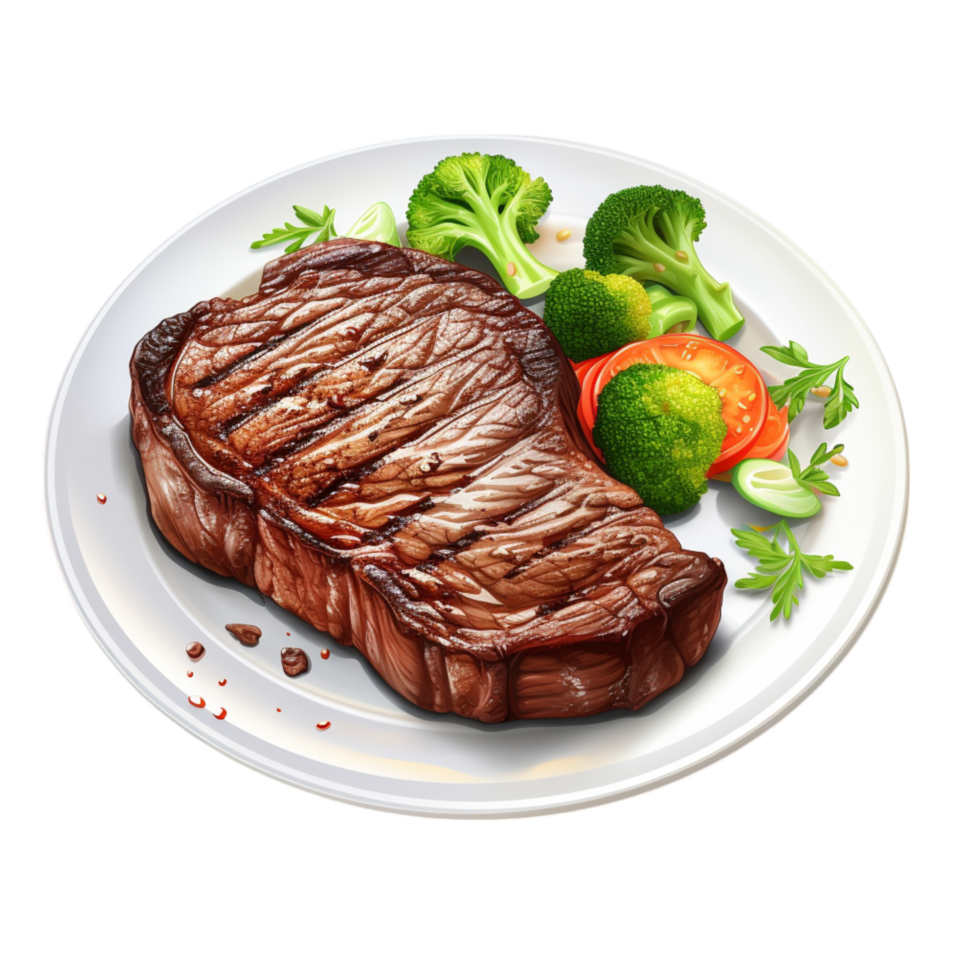 Grilled steak served with roasted vegetables on a plate png