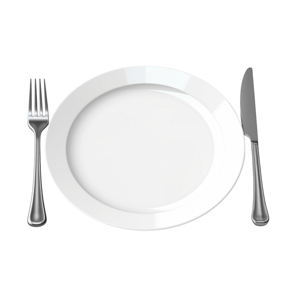 A white plate with a fork and knife on it png