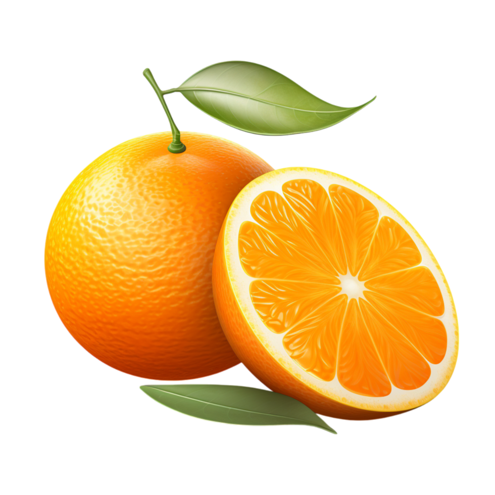 Whole orange fruit with a sliced piece revealing its juicy inside png